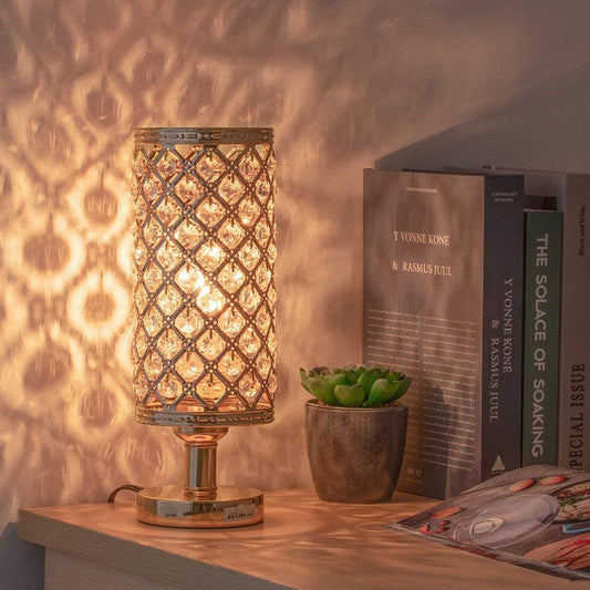 Decorative lamp on a table with books and a plant in the background