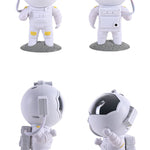 Four views of a toy astronaut figure on a white background