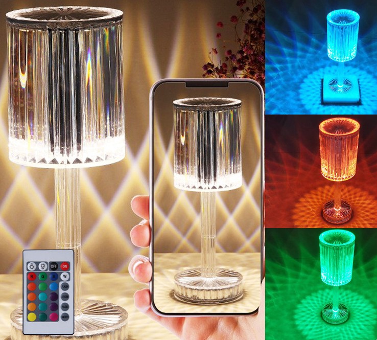 Decorative lamp with remote control and smartphone app interface, showing RGB color changes.