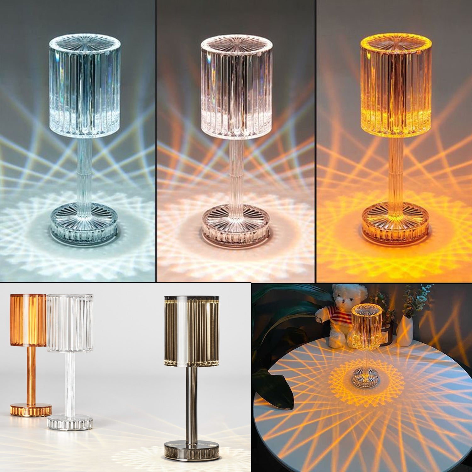 Set of table lamps in different colors with decorative light patterns.