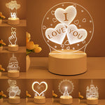 Collage of various 3D heart-shaped night lights with 'I LOVE YOU' text on a warm-toned background.