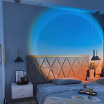 Modern bedroom with geometric headboard and ambient lighting