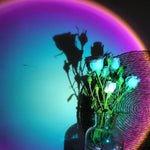 Vase with glowing green roses against a colorful, gradient background