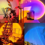 Collage of four scenes with different colored lights: red, purple, yellow, and blue.