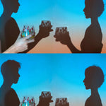 Two people holding glasses with a gradient background