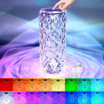Transparent LED cylindrical light with diamond pattern, hand touching it, and USB cable on a colorful gradient background.
